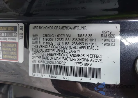 2020 Acura Rdx Standard from USA, damaged, VIN 5J8TC2H32LL002321